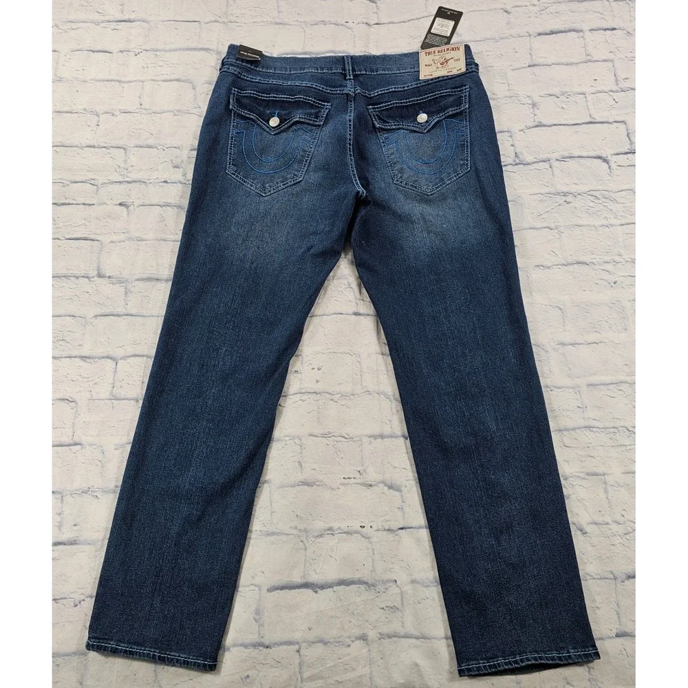 True Religion Geno Relaxed Slim Jeans MENS 36x32 Blue Blsze Wash Big T Flap